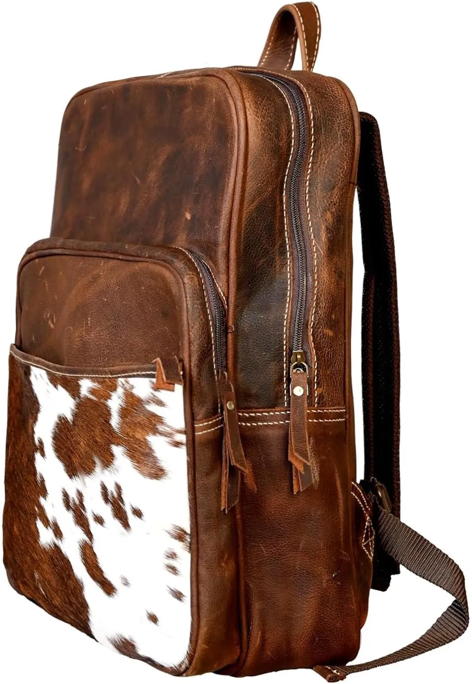 Cowhide Brown Leather Western Backpack - Double Shade Genuine Leather Cow Print Multipurpose Diaper Bag Backpack for Adult