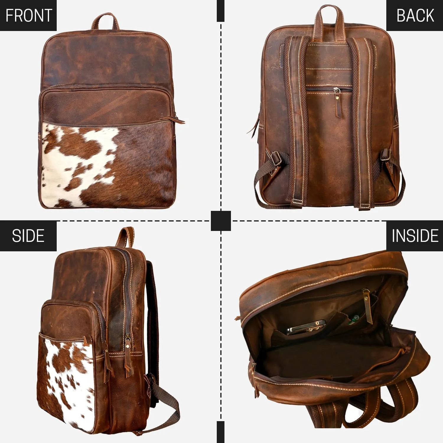Cowhide Brown Leather Western Backpack - Double Shade Genuine Leather Cow Print Multipurpose Diaper Bag Backpack for Adult
