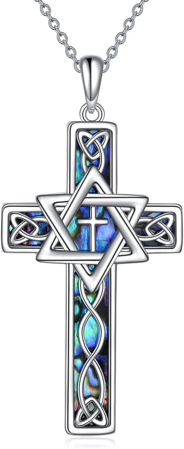 CRMAD Star of David Necklaces for Women Men Sterling Silver Cross/Chai/Celtic Abalone Shell Necklaces Gifts