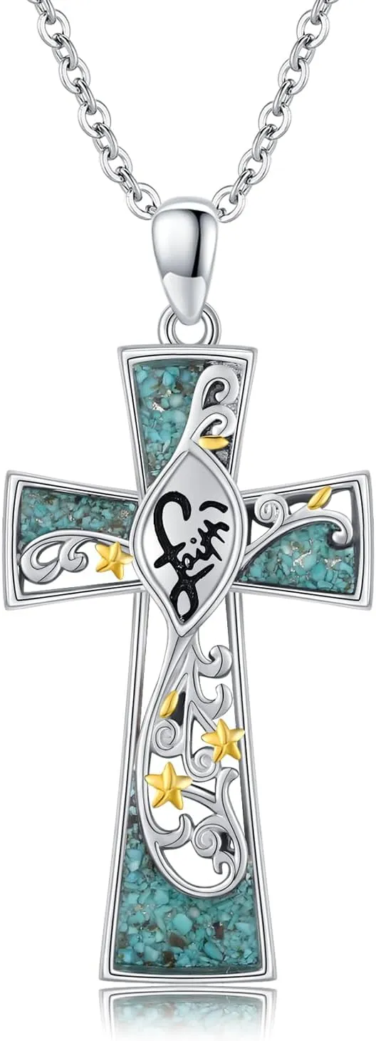 Cross Necklace 925 Sterling Silver Turquoise Faith Pendant Necklace Flower Jewelry Gift for Women Mom Mothers Day
