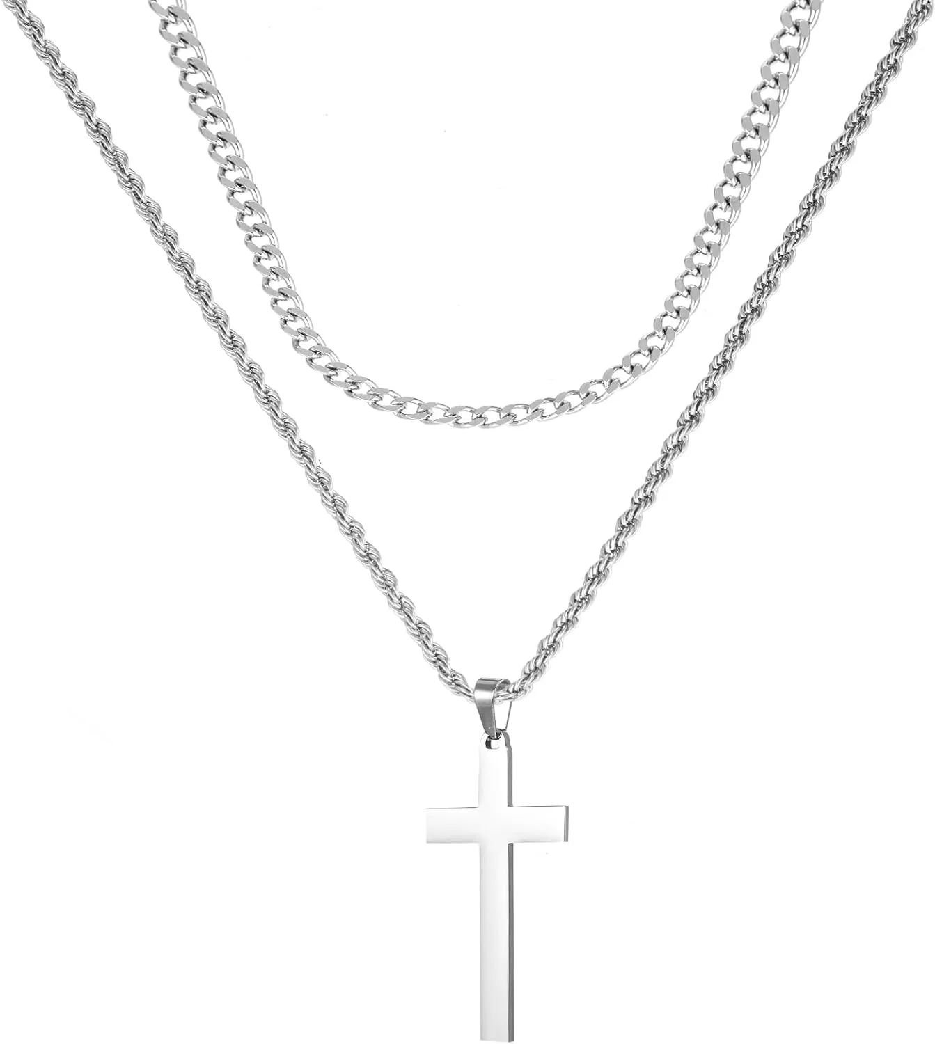 Cross Necklace for Men Women Silver Double Layered Cross Pendant Necklace Simple Plain Jewelry Neck Chain Accessories Trendy Stainless Steel Rope Chain Long 18-23 Inch Men's Gifts
