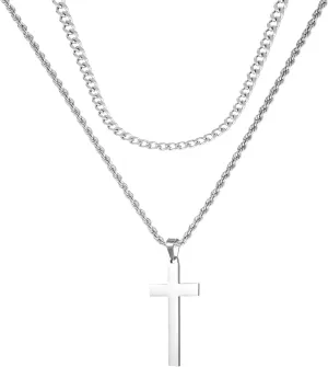 Cross Necklace for Men Women Silver Double Layered Cross Pendant Necklace Simple Plain Jewelry Neck Chain Accessories Trendy Stainless Steel Rope Chain Long 18-23 Inch Men's Gifts