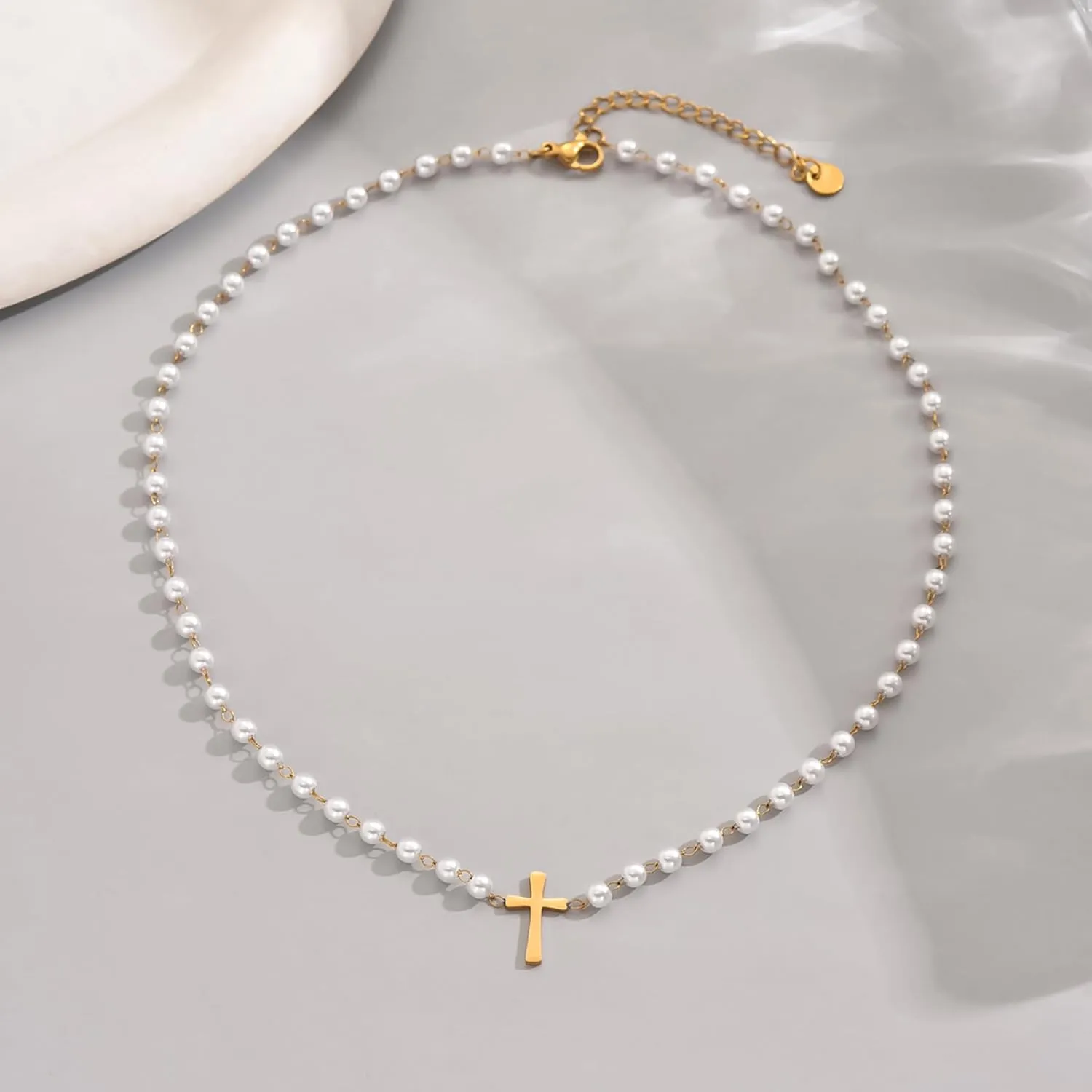 Cross Necklace for Women 18K Gold Plated Cross Pendant Necklace Dainty Sidways Cross Choker Necklaces Simple Small Cross Pearl Chain Trendy Faith Jewelry Gift