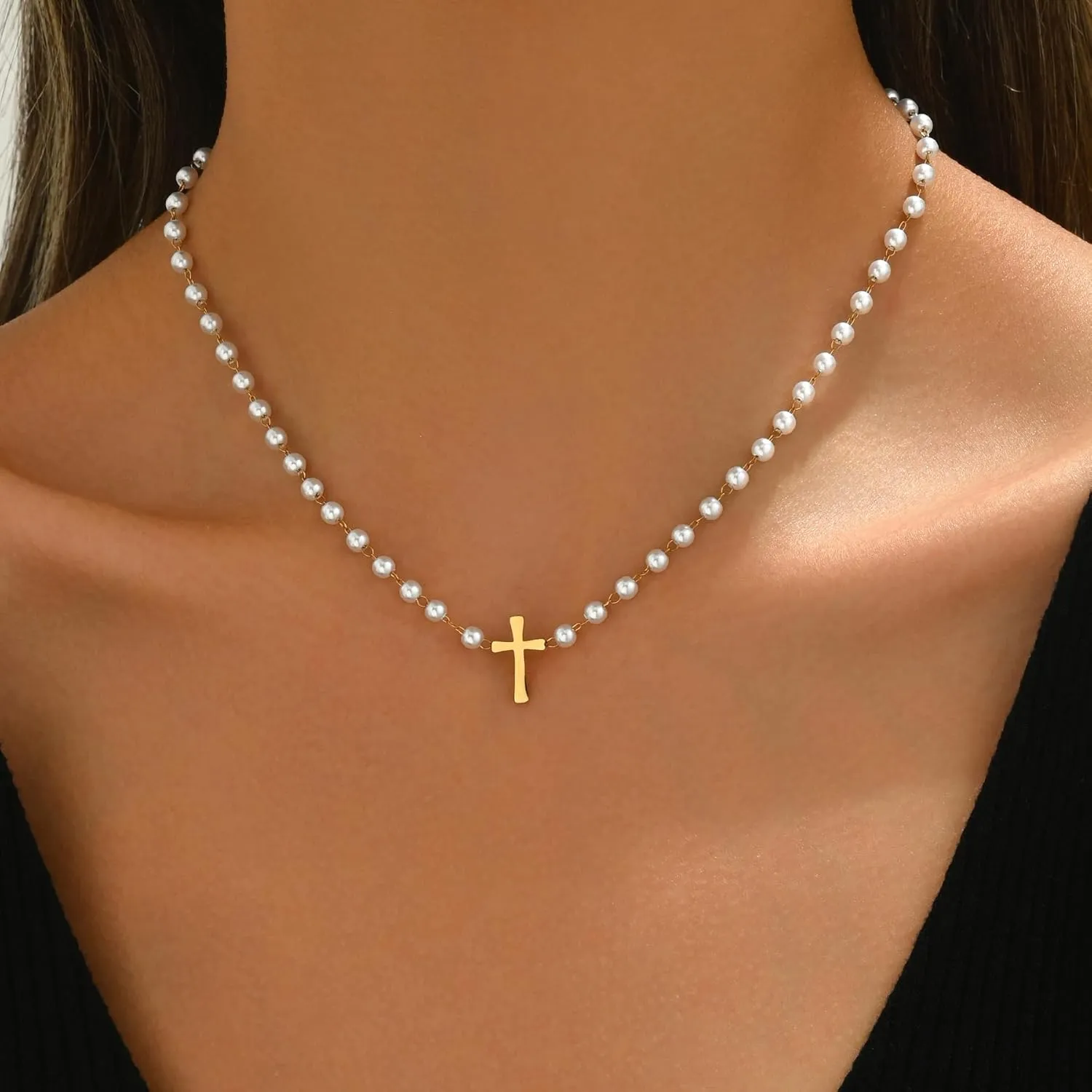 Cross Necklace for Women 18K Gold Plated Cross Pendant Necklace Dainty Sidways Cross Choker Necklaces Simple Small Cross Pearl Chain Trendy Faith Jewelry Gift