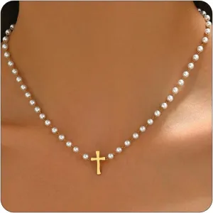 Cross Necklace for Women 18K Gold Plated Cross Pendant Necklace Dainty Sidways Cross Choker Necklaces Simple Small Cross Pearl Chain Trendy Faith Jewelry Gift