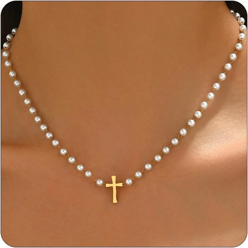 Cross Necklace for Women 18K Gold Plated Cross Pendant Necklace Dainty Sidways Cross Choker Necklaces Simple Small Cross Pearl Chain Trendy Faith Jewelry Gift