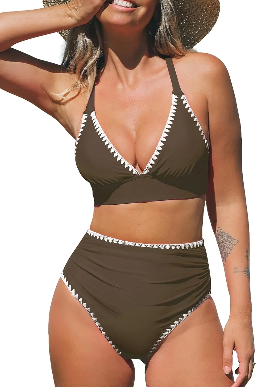 CUPSHE Women's Bikini Sets High Waisted Swimsuit Deep V Neck Crisscross Back Tie Stitching Ruched Full Coverage