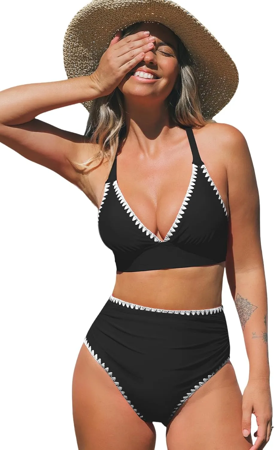 CUPSHE Women's Bikini Sets High Waisted Swimsuit Deep V Neck Crisscross Back Tie Stitching Ruched Full Coverage