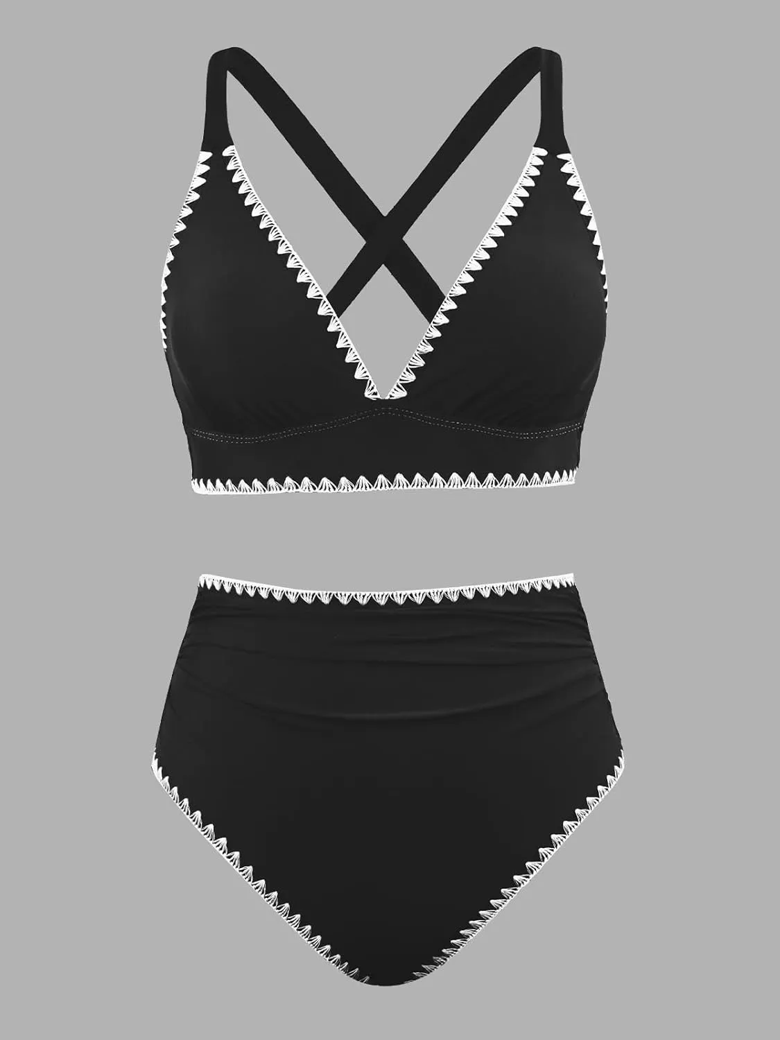 CUPSHE Women's Bikini Sets High Waisted Swimsuit Deep V Neck Crisscross Back Tie Stitching Ruched Full Coverage