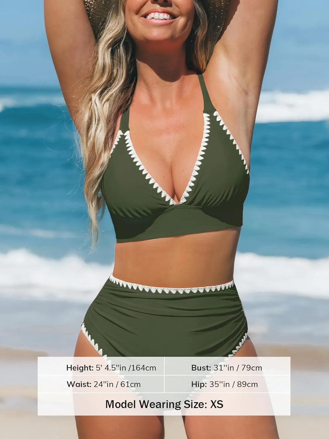 CUPSHE Women's Bikini Sets High Waisted Swimsuit Deep V Neck Crisscross Back Tie Stitching Ruched Full Coverage