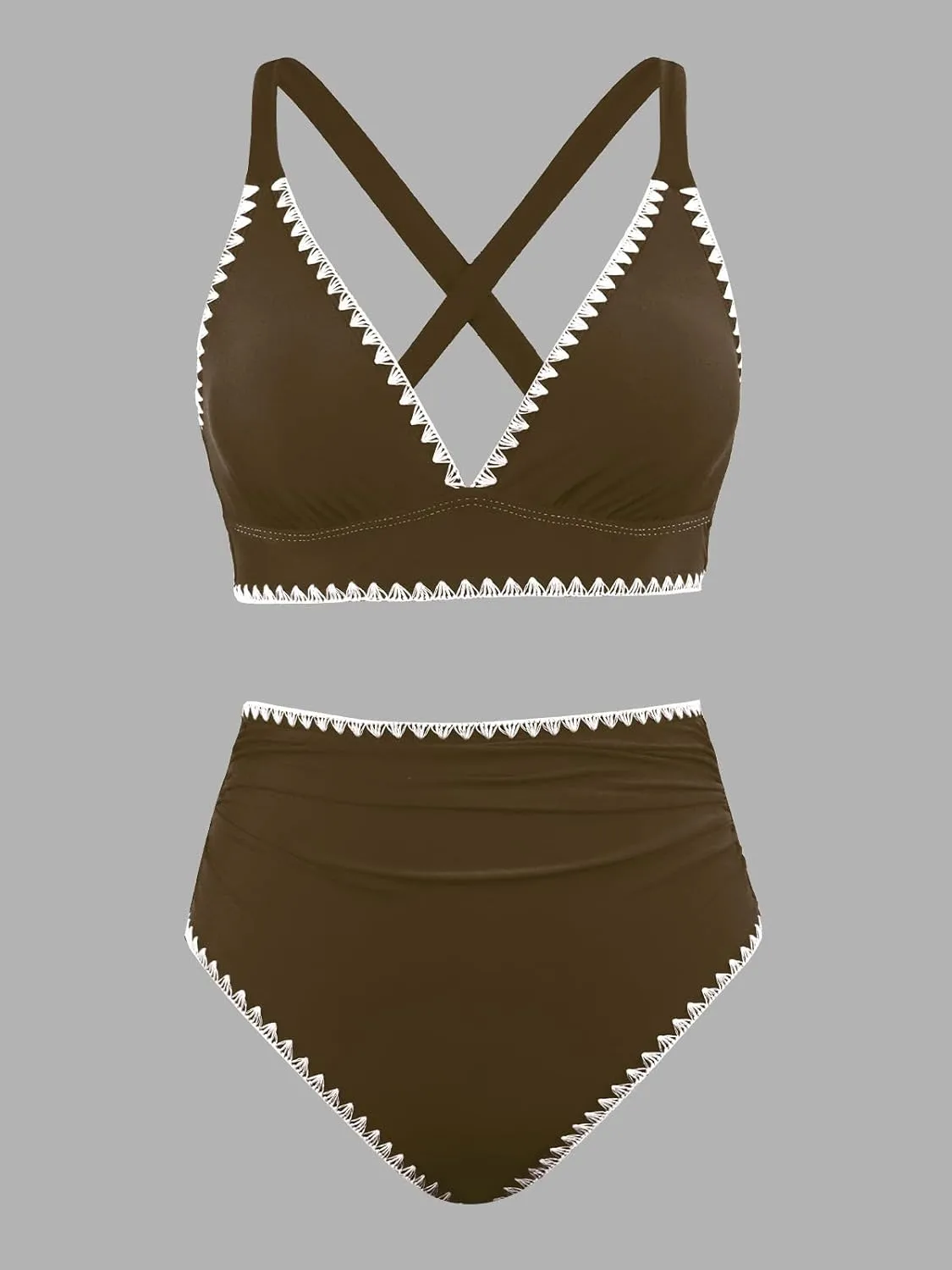 CUPSHE Women's Bikini Sets High Waisted Swimsuit Deep V Neck Crisscross Back Tie Stitching Ruched Full Coverage