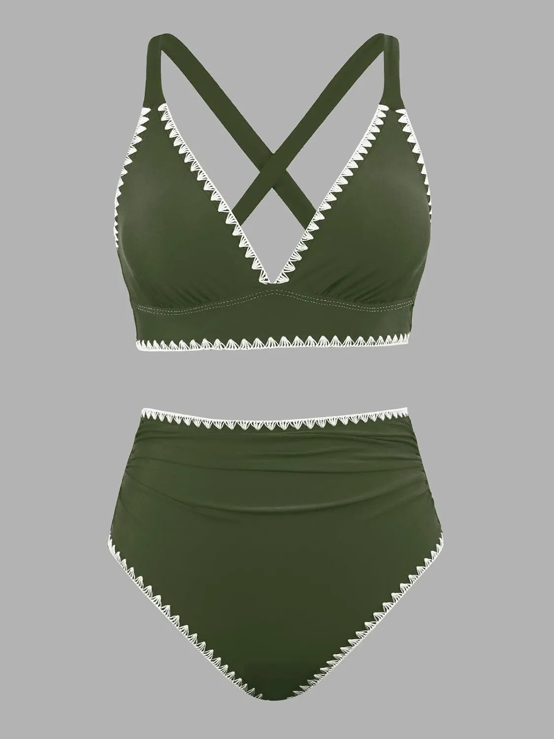 CUPSHE Women's Bikini Sets High Waisted Swimsuit Deep V Neck Crisscross Back Tie Stitching Ruched Full Coverage