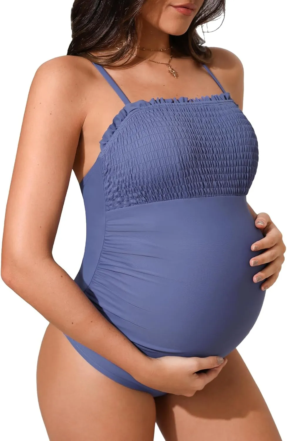 CUPSHE Women's One Piece Swimsuit Maternity Bathing Suit Pregnancy Square Neck Ruffled Smocked Ruched Crisscross Back Tie