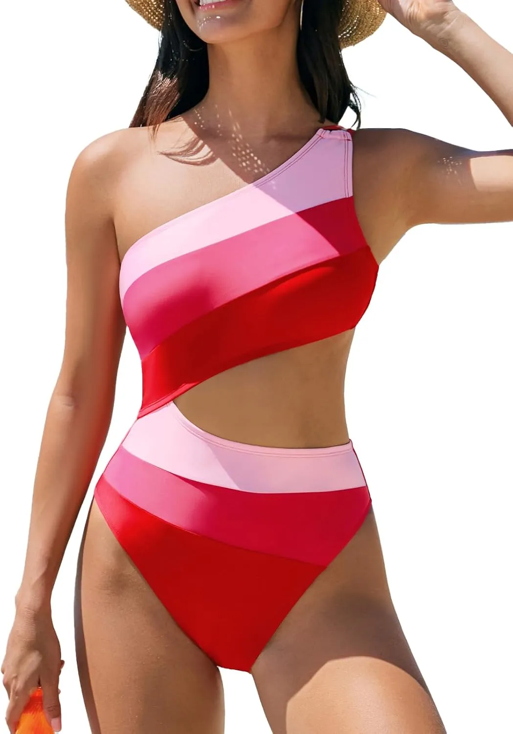 CUPSHE Women's One Piece Swimsuit One Shoulder Color Block Bathing Suit Back Tie Double Adjustable Straps Swimwear