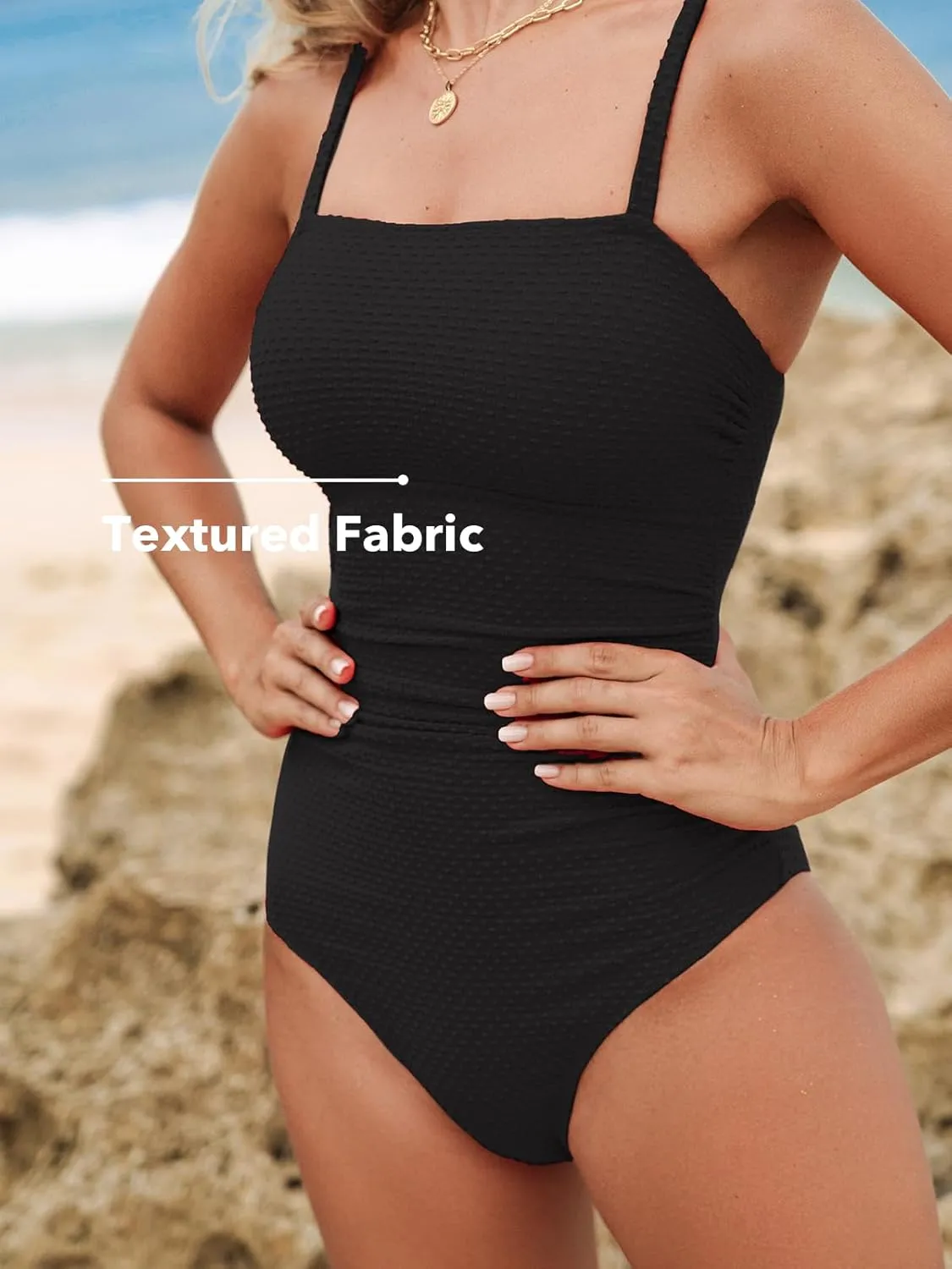 CUPSHE Women's One Piece Swimsuit Tummy Control Ruched Bathing Suit Square Neck Crisscross Back Tie Hollow Out