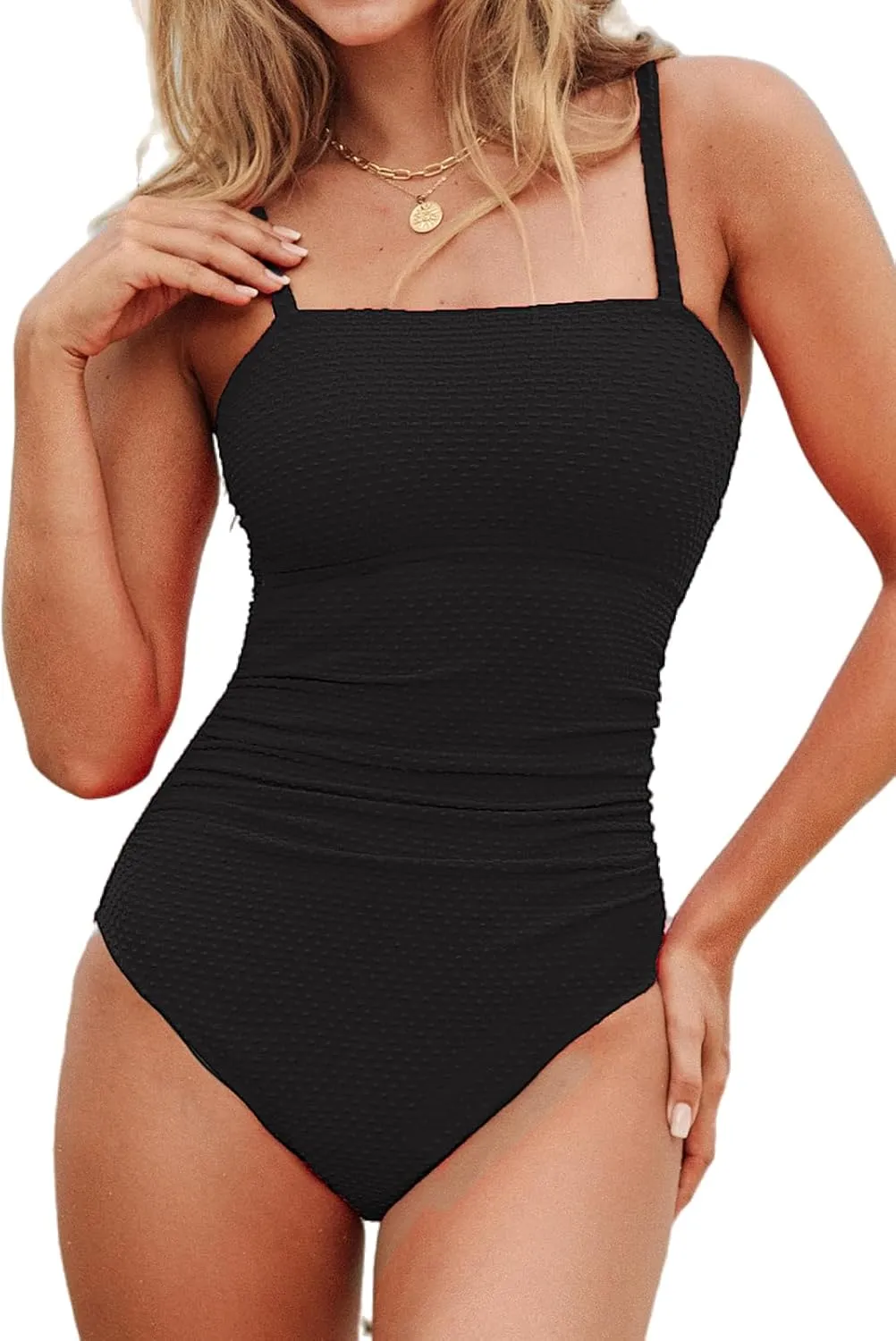 CUPSHE Women's One Piece Swimsuit Tummy Control Ruched Bathing Suit Square Neck Crisscross Back Tie Hollow Out