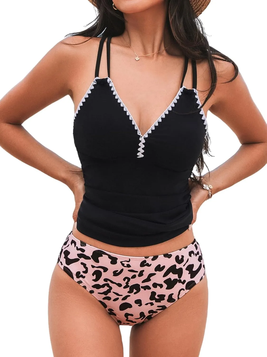 CUPSHE Women's Tankini Set Two Piece Bathing Suit Tummy Control Crisscross Back Tie Mid Rise Shell Stitched