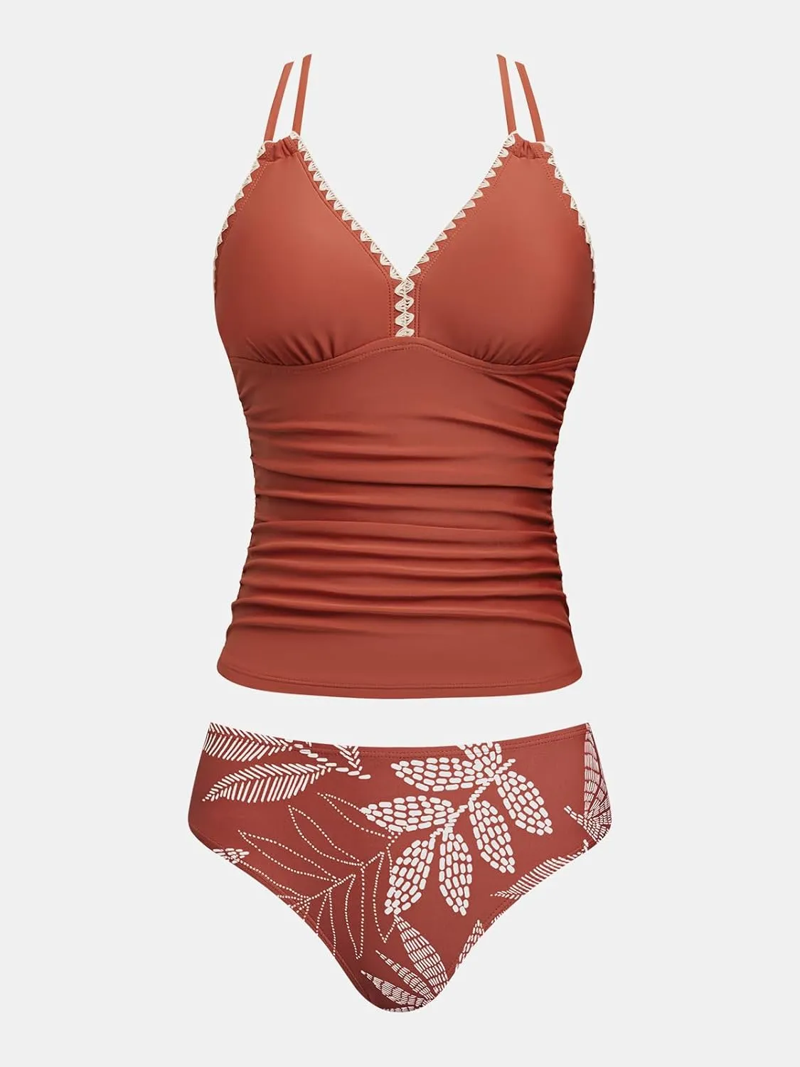 CUPSHE Women's Tankini Set Two Piece Bathing Suit Tummy Control Crisscross Back Tie Mid Rise Shell Stitched