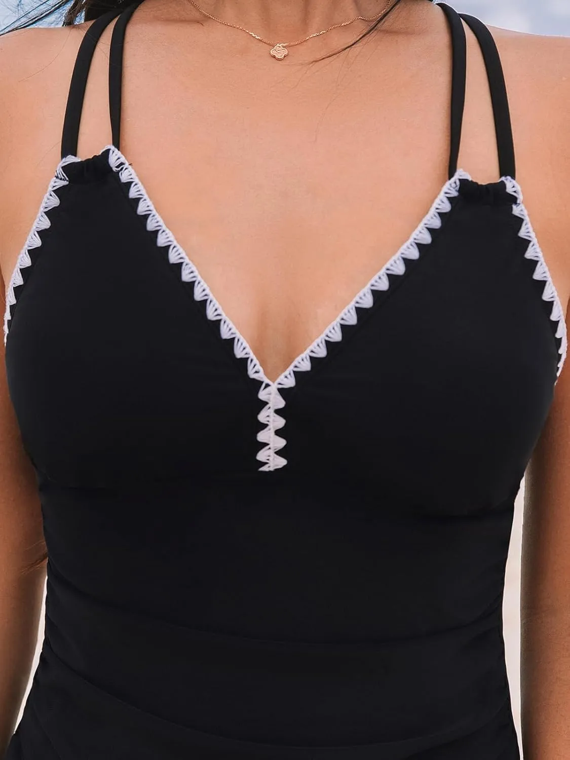 CUPSHE Women's Tankini Set Two Piece Bathing Suit Tummy Control Crisscross Back Tie Mid Rise Shell Stitched