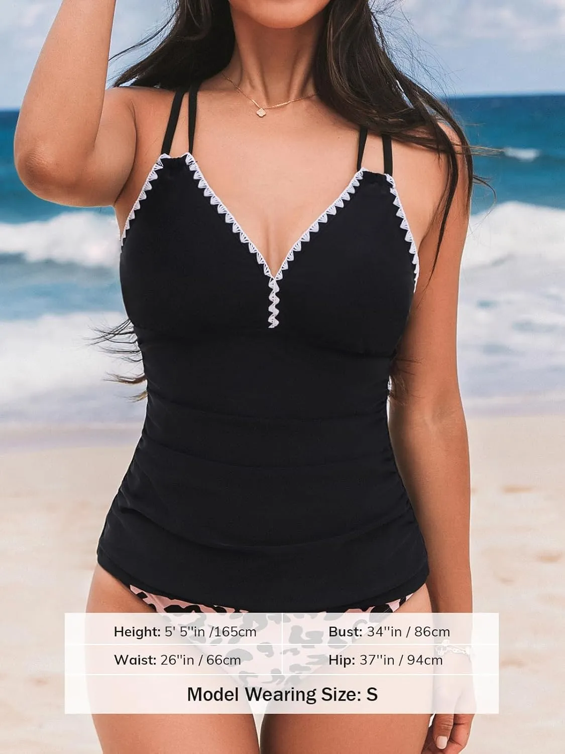 CUPSHE Women's Tankini Set Two Piece Bathing Suit Tummy Control Crisscross Back Tie Mid Rise Shell Stitched