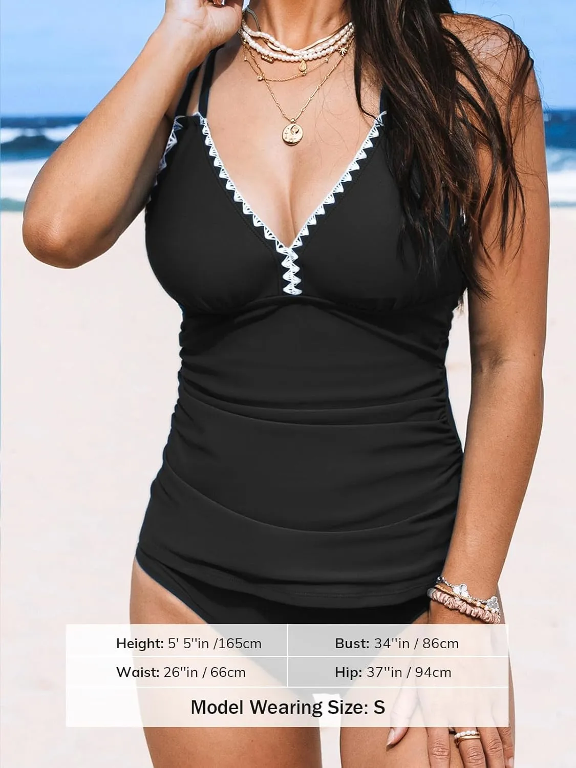 CUPSHE Women's Tankini Set Two Piece Bathing Suit Tummy Control Crisscross Back Tie Mid Rise Shell Stitched