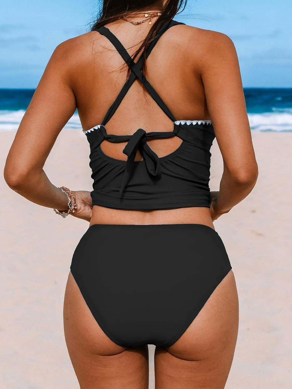 CUPSHE Women's Tankini Set Two Piece Bathing Suit Tummy Control Crisscross Back Tie Mid Rise Shell Stitched