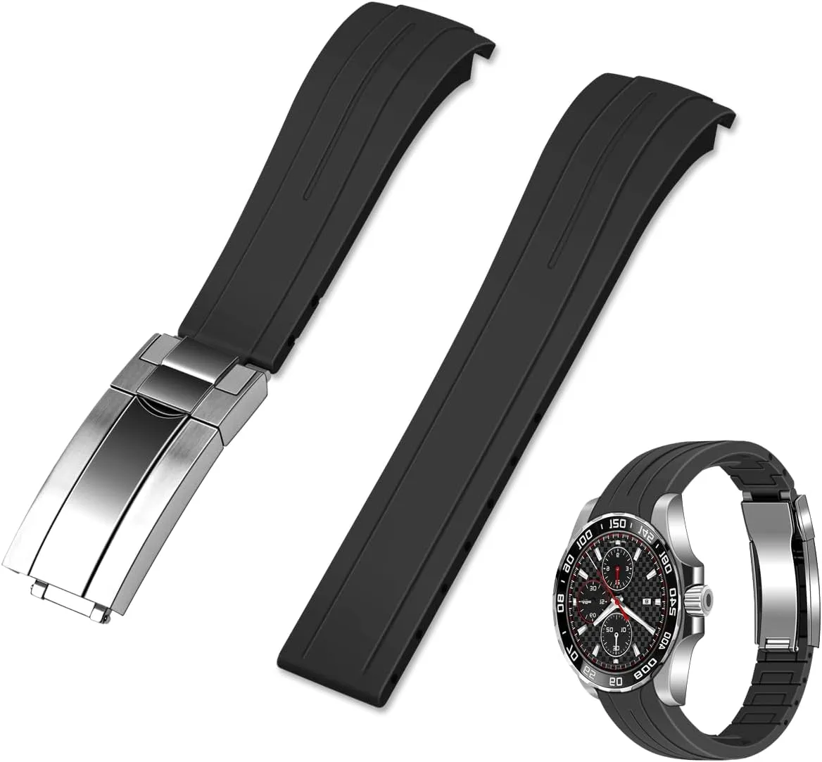 Curved End Rubber Watch Bands with Classic Diving Buckle, Tapered Silicone Curved Replacement Watch Strap for Men Women Black Watch Bracelet
