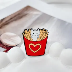 Cute Cat in French Fries Brooch Funny Enamel Pin Novelty Kitten Fastfood Lapel Brooches Kawaii Lovely Animal Buttons Pins Backpacks Badges Bag Clothes Jacket Hat Accessory Decoration for Women Girls