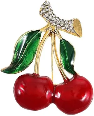 Cute Cherry Rhinestone Fruit Brooch Pin for Women Gold Plated Red Green Enamel Leaf Brooches Lapel Pins Dainty Dress Accessories Jewelry for Hat Bag Suit Tie