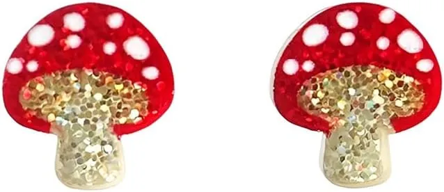Cute Red Glitter Mushroom Acrylic Small Stud Earrings for Women Cartilage Tiny Mini Studs Hypoallergenic Perfect for Daily Wear Minimalist Jewelry Niece Daughter