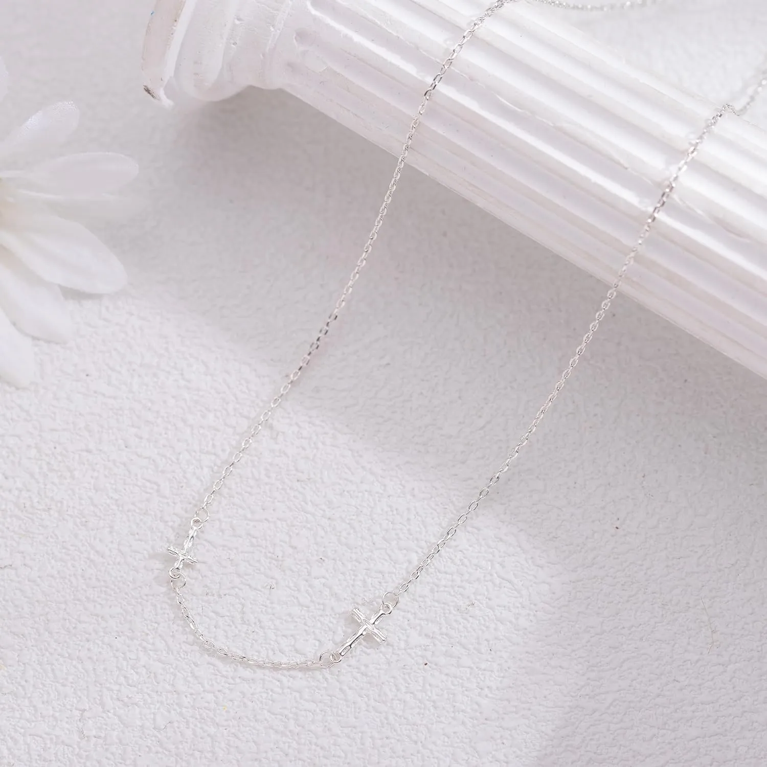Dainty Cross Necklace for Women, 14K Gold/Platinum Plated 925 Sterling Silver Chain Double Sideways Cross Pendant Layered Necklaces Tiny Jewelry for Women Gift