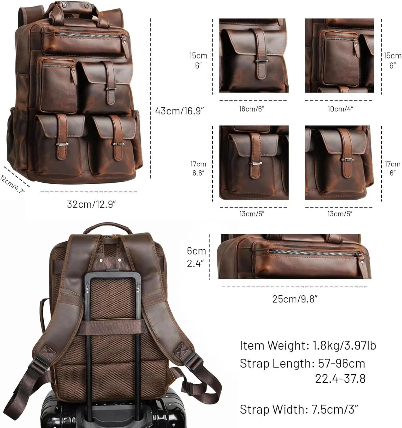 Dark Brown Cowhide Leather Travel Backpack - Genuine Leather Multipockets Carry On Multipurpose Shoulder Bag Backpack