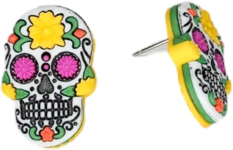 Day of the Dead Sugar Skull Stud Earrings, Colorful Mexican Folk Art Design, Yellow and Pink