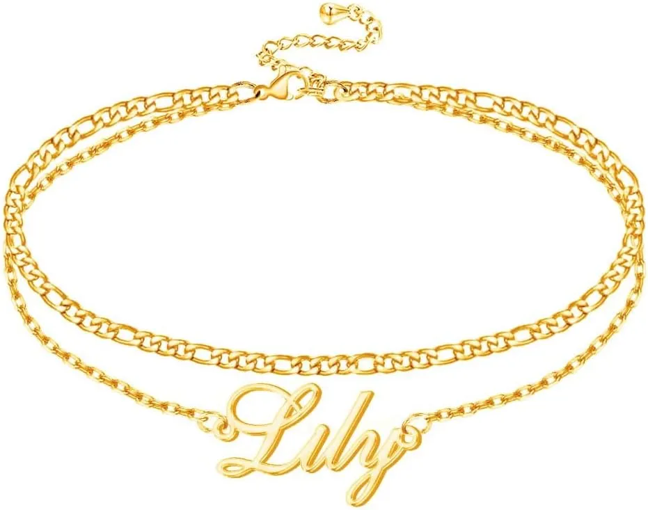 DayOfShe Custom Layered Choker Name Necklaces Personalized Initial Anklet Bracelets with Name Plate Gold Chokers for Women