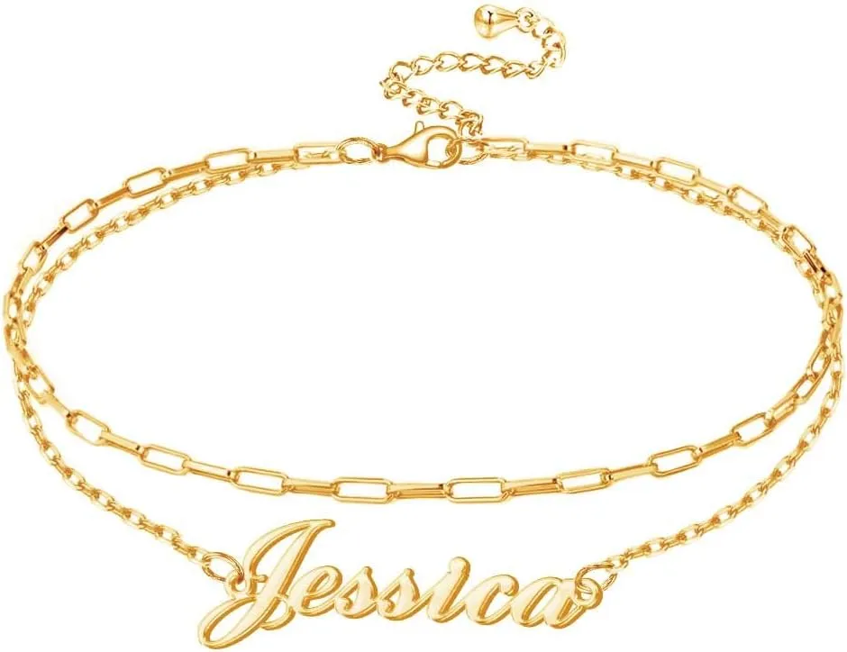 DayOfShe Custom Layered Choker Name Necklaces Personalized Initial Anklet Bracelets with Name Plate Gold Chokers for Women