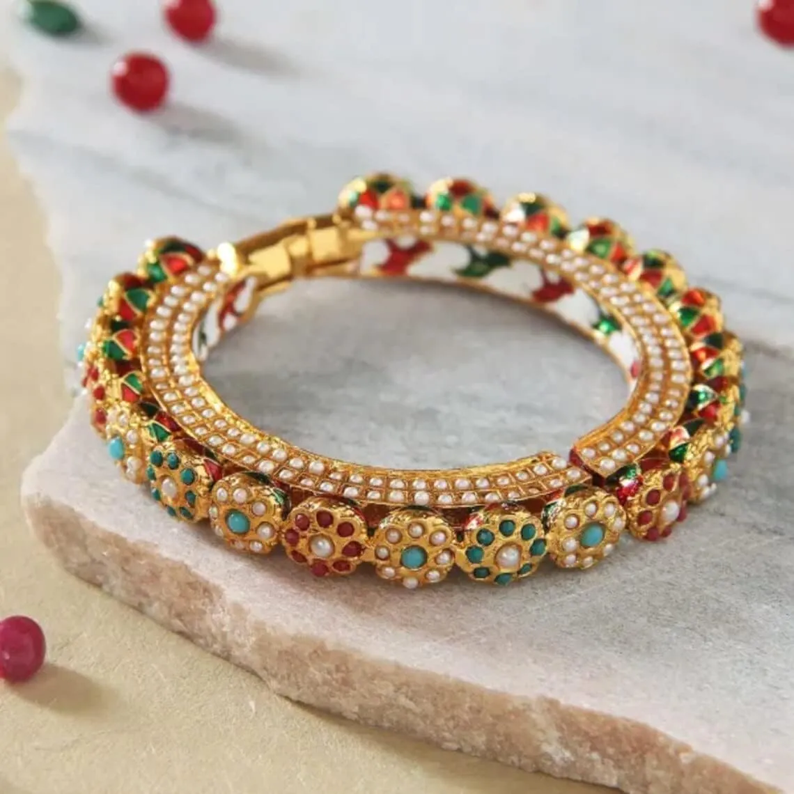 Designer Stone Studded Ethnic Kadas, Handmade Bangles, Pearl Bangles, Bracelets for Women