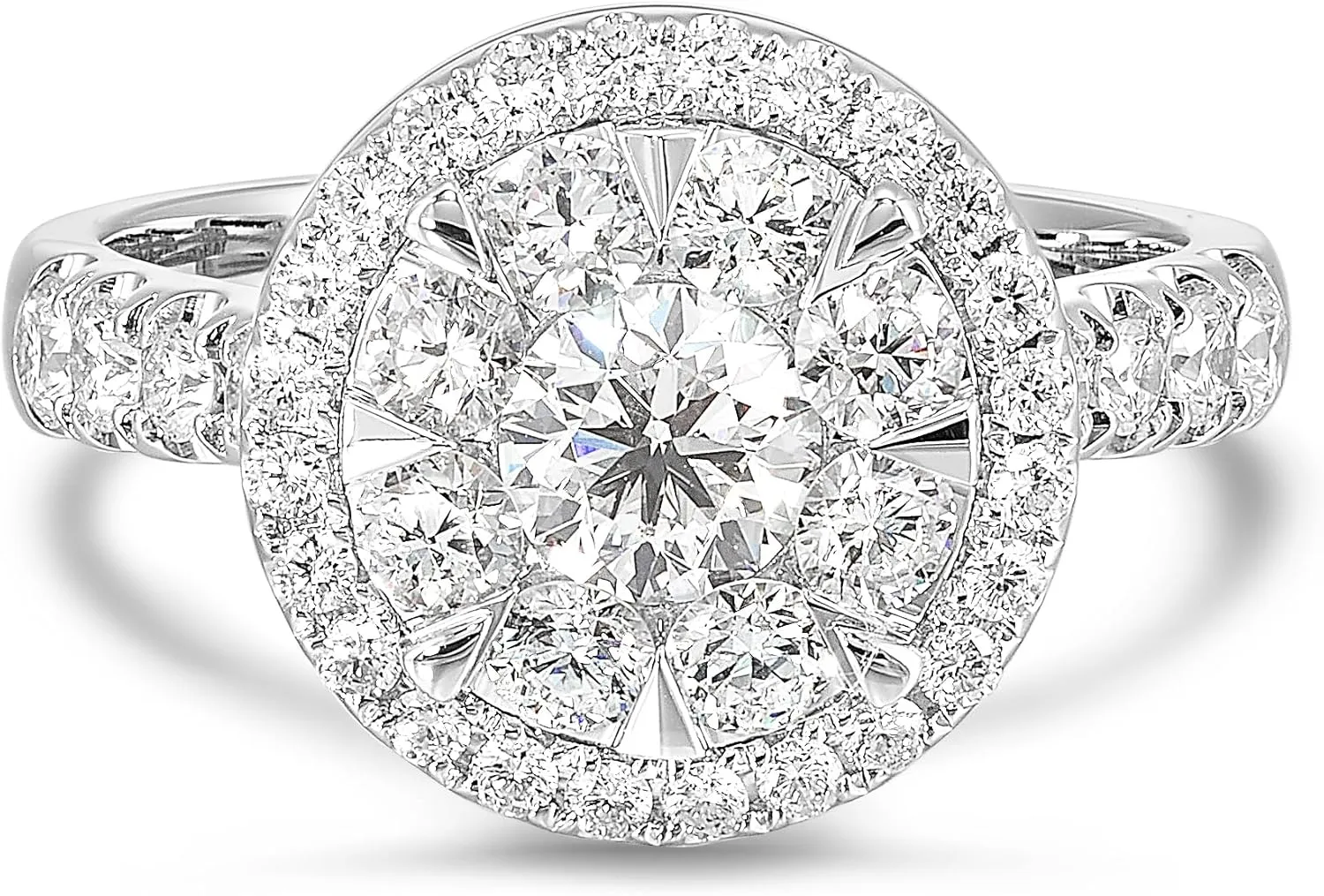 Diamond Delight 1 2/3 Carat Real Natural Diamond Round Halo Ring for Women - 14k White Gold Engagement Ring for Her - Stunning Halo and Pave Band (H, VS1, 1.60 cttw) - Promise Anniversary Band Size 7