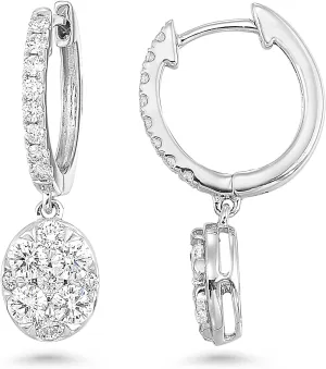 Diamond Delight 1 Carat Real Natural Diamond Round Dangle Earrings for Women - 14k White Gold Hoop Earrings for Her with Elegant Drop Round Pave Design (H, VS1, 1.00 cttw) Secure Hinged Hoops