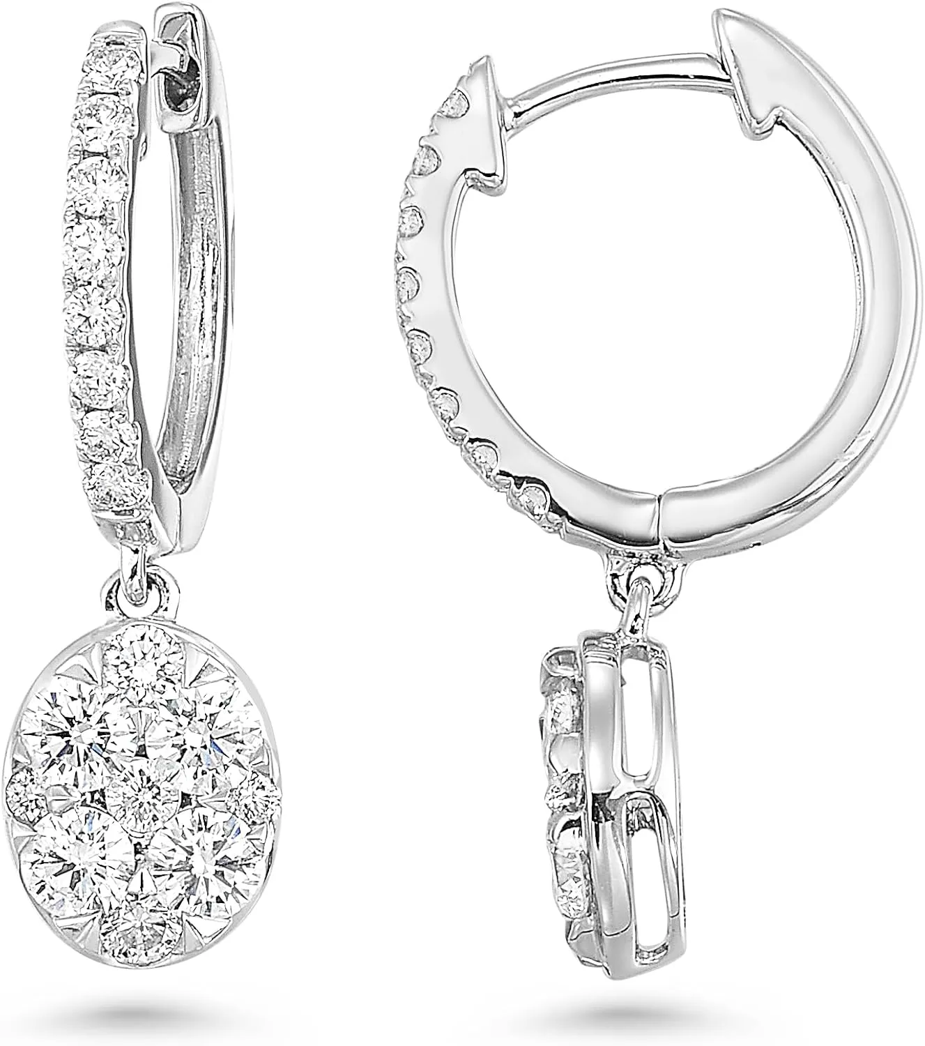 Diamond Delight 1 Carat Real Natural Diamond Round Dangle Earrings for Women - 14k White Gold Hoop Earrings for Her with Elegant Drop Round Pave Design (H, VS1, 1.00 cttw) Secure Hinged Hoops
