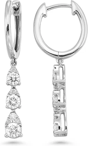 Diamond Delight 4/5 Carat Real Natural Diamond Dangle Drop Earrings for Women - 14k White Gold Hoop Earrings for Her with Graduated Trilogy Design (F, VS1, 0.80 cttw) Secure Hinged Hoops