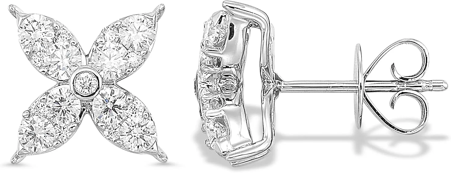 Diamond Delight 9/10 Carat Real Natural Diamond Flower Stud Earrings for Women - 14k White Gold Earrings for Her with Elegant Four Petals Design (H, VS1, 0.90 cttw) Secure Push Back Studs