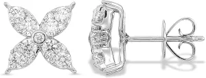 Diamond Delight 9/10 Carat Real Natural Diamond Flower Stud Earrings for Women - 14k White Gold Earrings for Her with Elegant Four Petals Design (H, VS1, 0.90 cttw) Secure Push Back Studs
