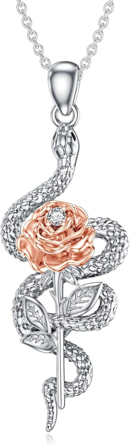 Diamond Rose and Snake Necklace 925 Sterling Silver Snake Pendant Animal Necklace Jewelry Gifts for Women