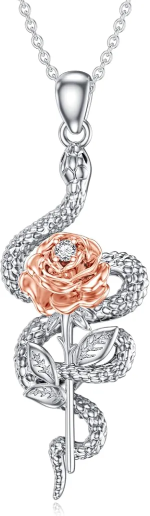 Diamond Rose and Snake Necklace 925 Sterling Silver Snake Pendant Animal Necklace Jewelry Gifts for Women
