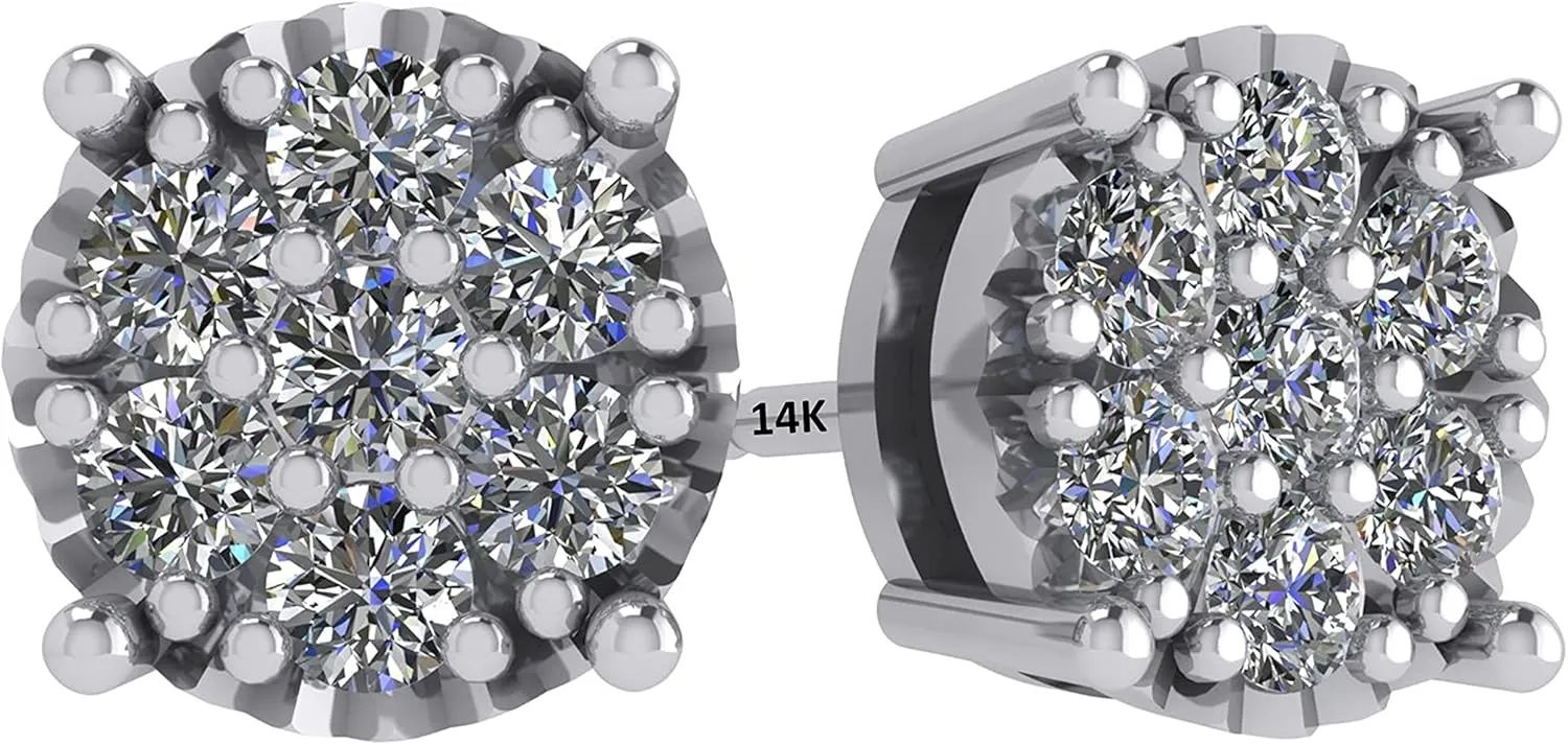 Diamond Stud Earrings CVD Lab Grown Diamonds solid 14K post & Silver basket, 7 or 9 Stone Cluster