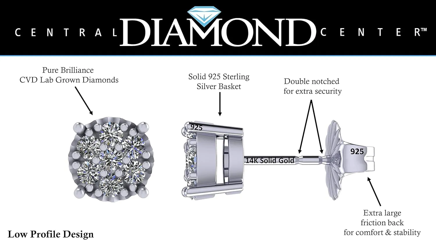 Diamond Stud Earrings CVD Lab Grown Diamonds solid 14K post & Silver basket, 7 or 9 Stone Cluster