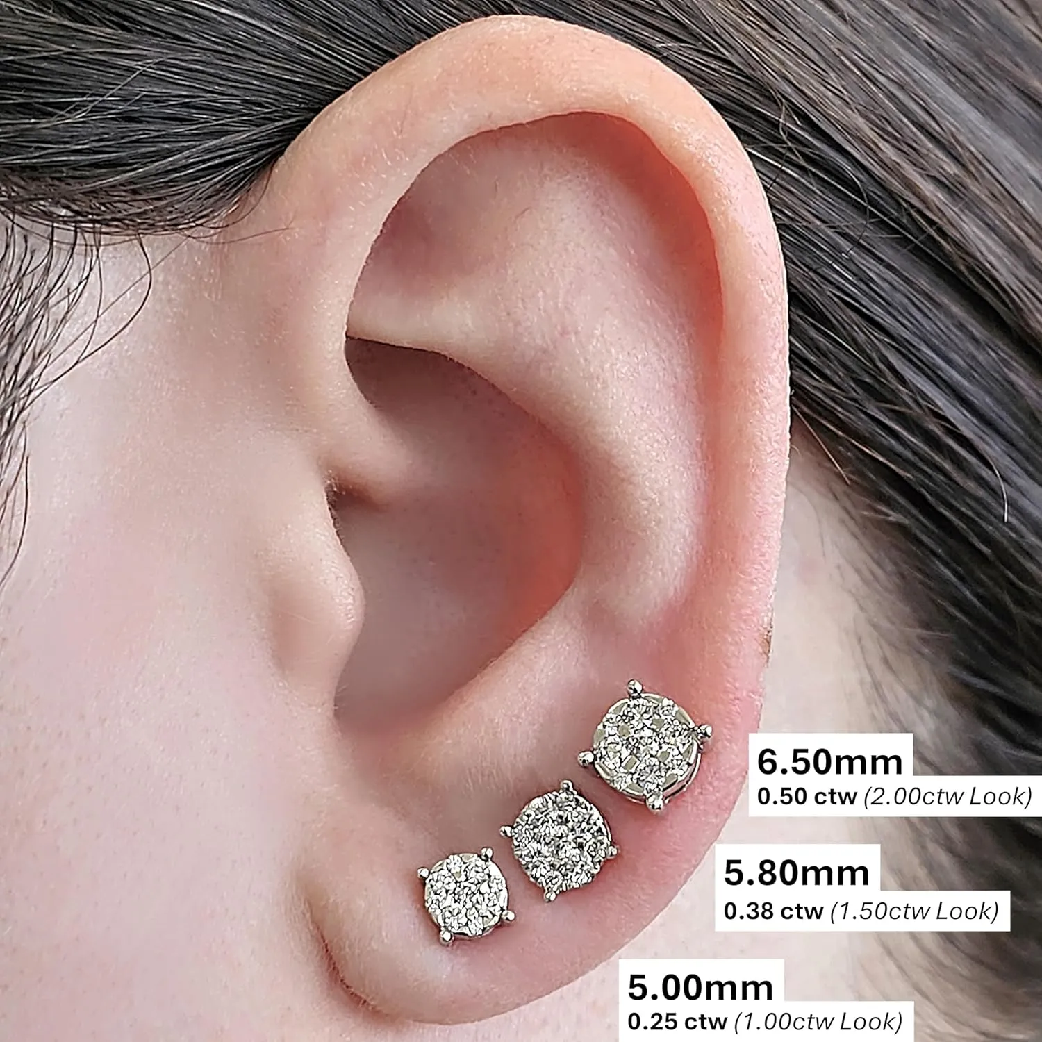 Diamond Stud Earrings CVD Lab Grown Diamonds solid 14K post & Silver basket, 7 or 9 Stone Cluster