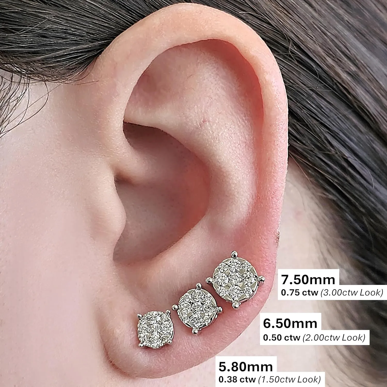 Diamond Stud Earrings CVD Lab Grown Diamonds solid 14K post & Silver basket, 7 or 9 Stone Cluster
