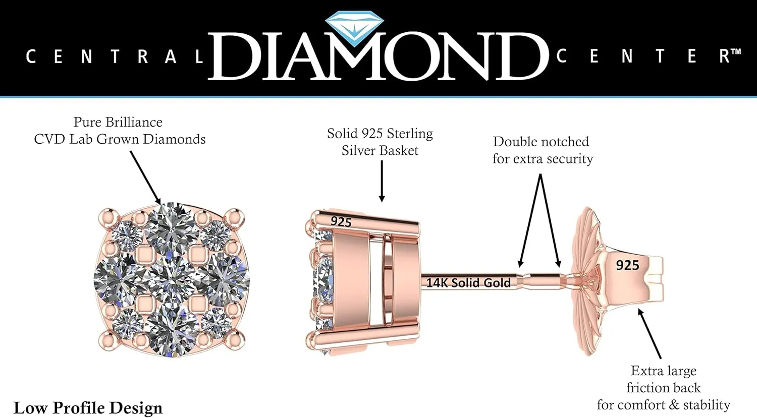 Diamond Stud Earrings CVD Lab Grown Diamonds solid 14K post & Silver basket, 7 or 9 Stone Cluster