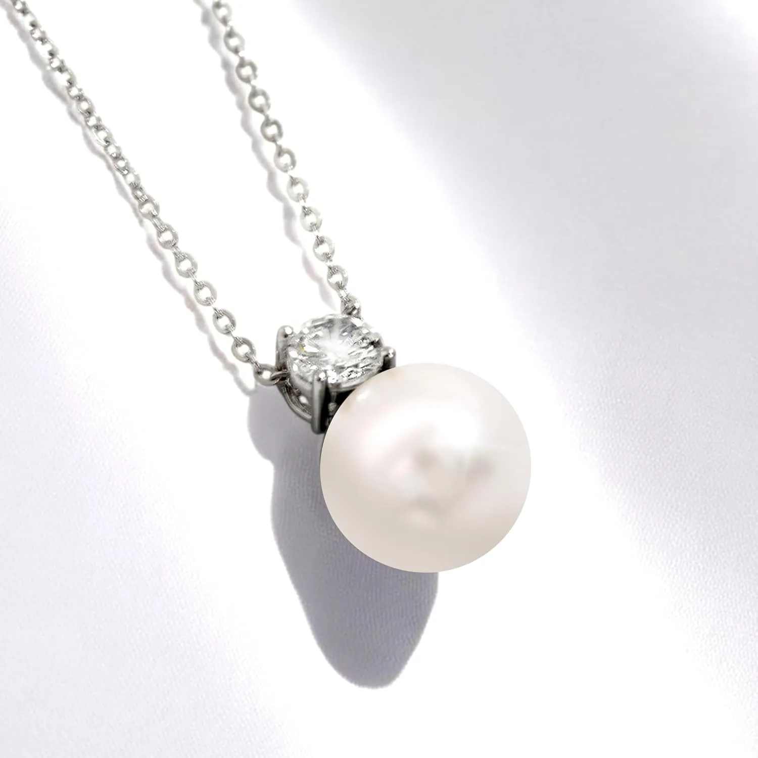 Dianie Pearl Earrings and Necklace made with Crystal Pearls Sterling silver 925 chain with Cubic Zirconia 5mm White and Grey Pearl 10mm Gift for Wedding Bridal Birthday